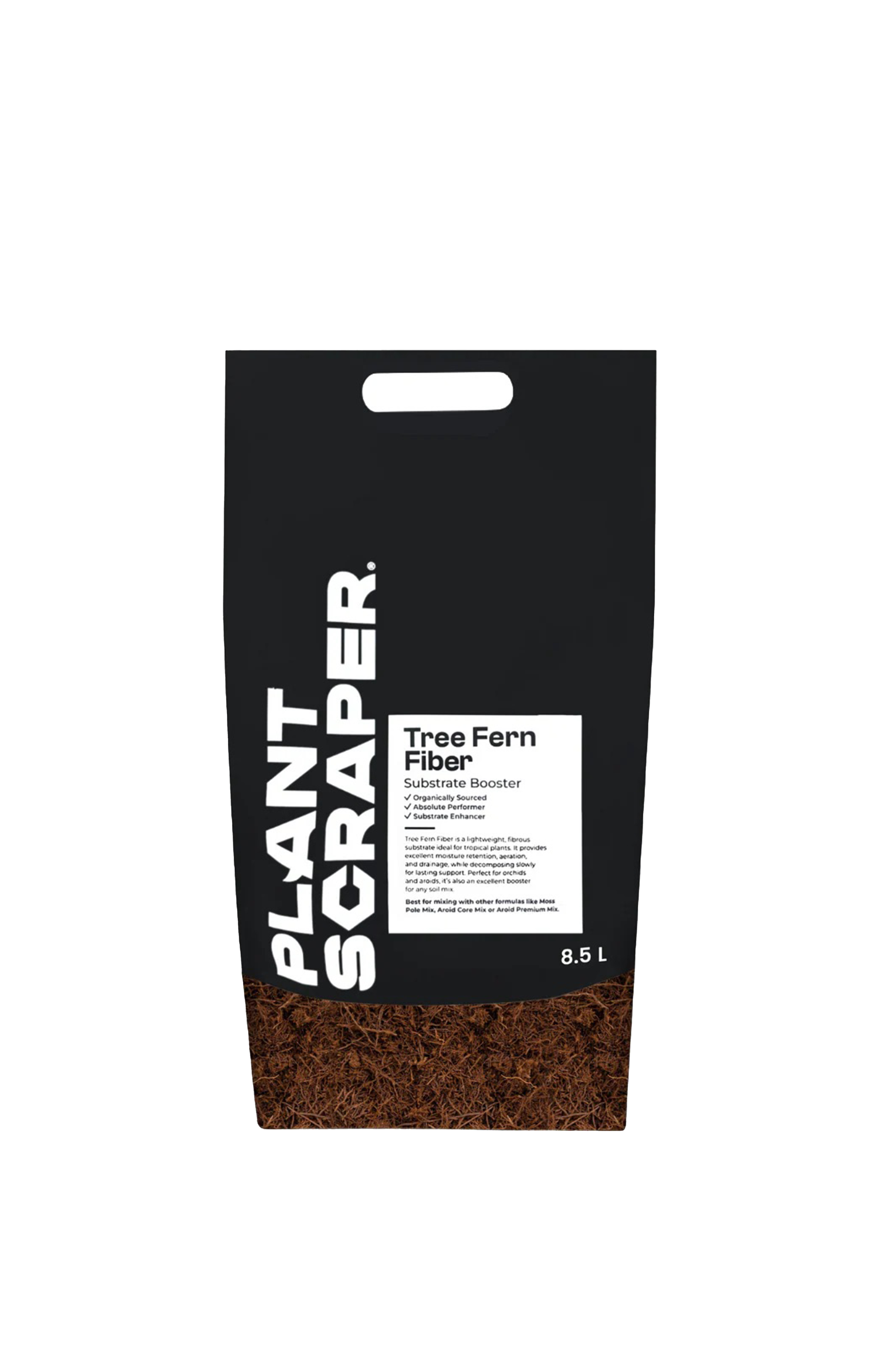 PlantScraper Tree Fern Fiber 8.5L New Zealand Cyathea sustainably sourced for rare aroid substrate mixes
Close-up of PlantScraper Tree Fern Fiber coarse fibrous texture ideal for Alocasia Monstera and Anthurium
PlantScraper Tree Fern Fiber 8.5L resealable recyclable bag available at TerraBetuwe Netherlands